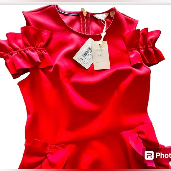 Ted Baker Cold shoulder Ruffle Dress New w/Tags Bright Red US Sz 6 - Picture 10 of 13